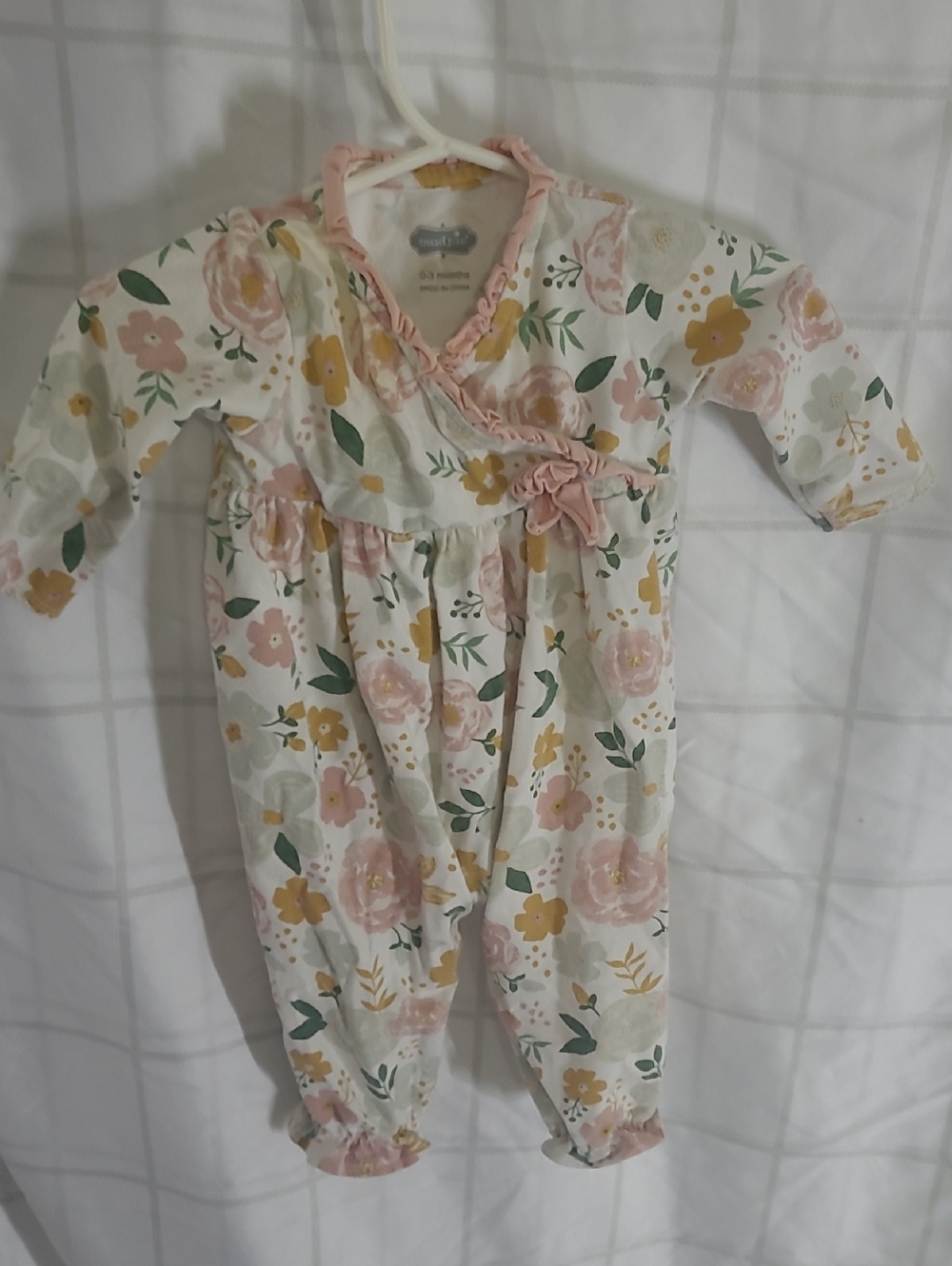 Mud Pie Newborn 0-3 Months Pink Floral Infant Romper with Mustard Accents